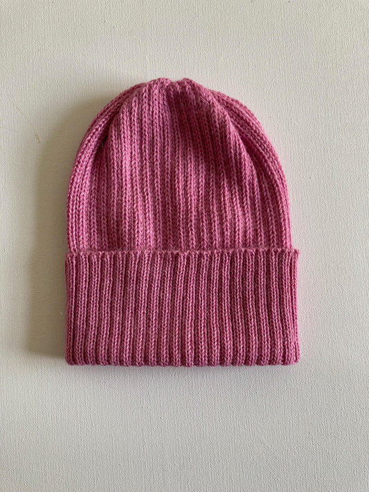 Candy Pink Adult Beanie. 100% Alpaca - Handcrafted in Scotland. Knitted Unisex 2 x 2 ribbed beanie hat.